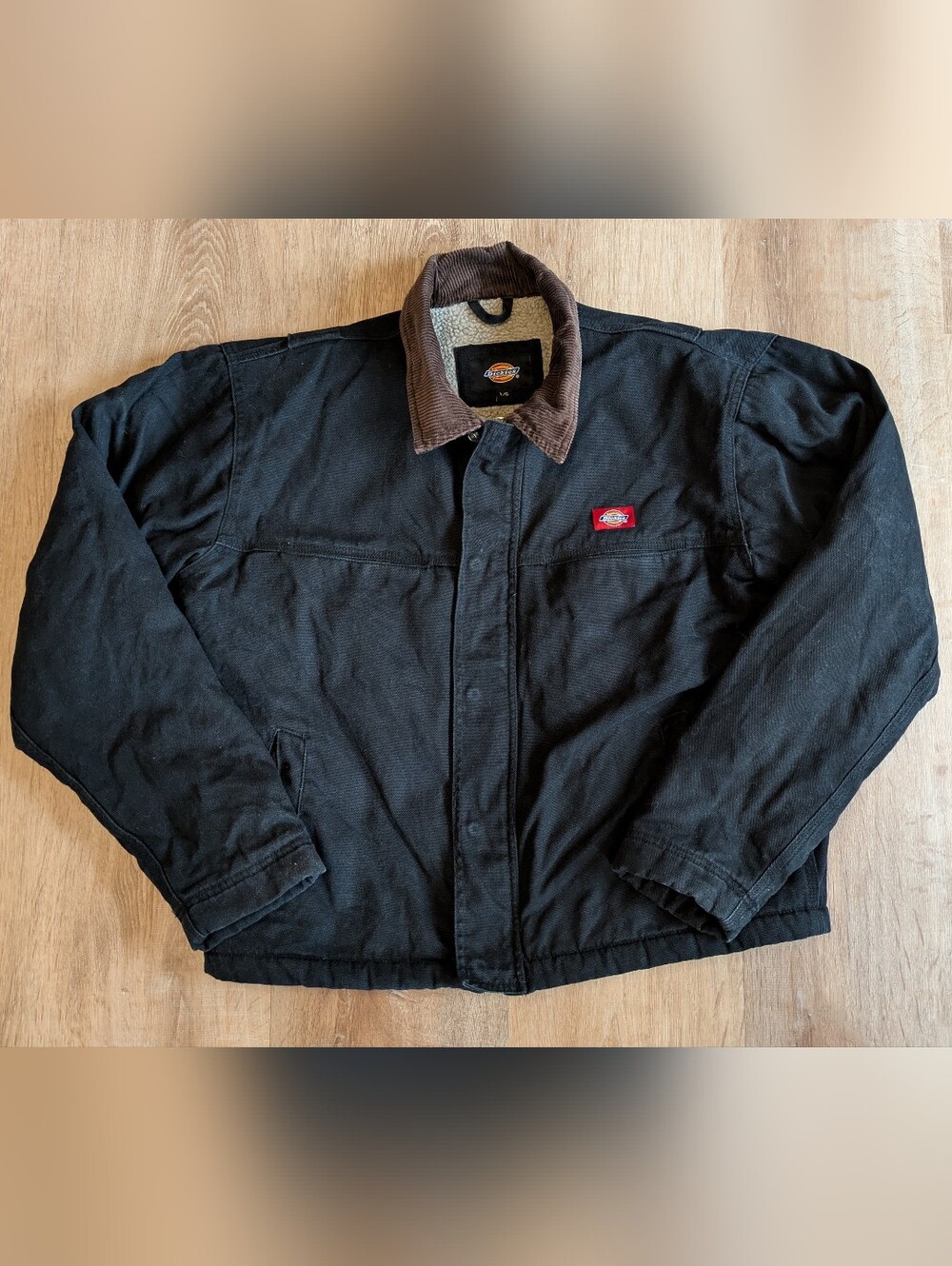 Dickies Black Insulated Work Jacket with Brown Corduroy Collar Size Large